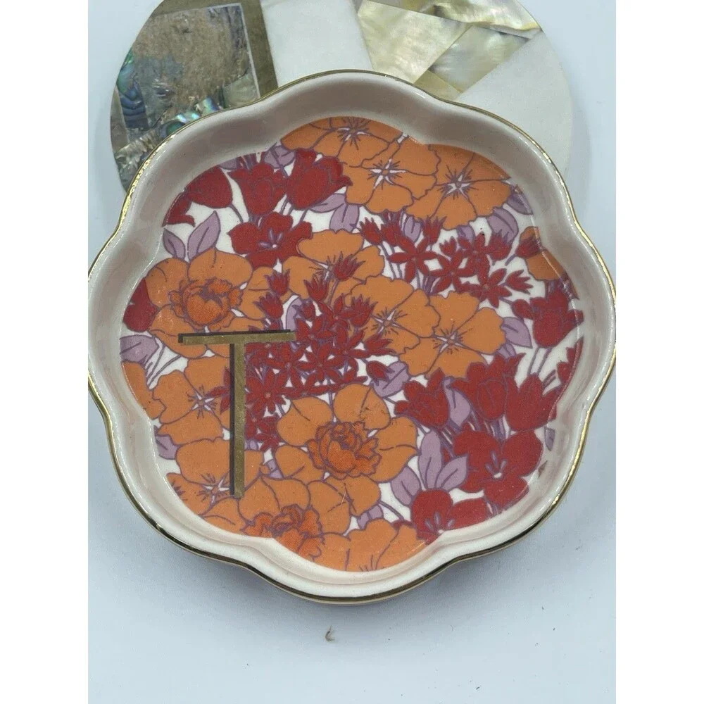 Anthropologie Monogram T Lid Trinket Dish Marble Abalone Floral Ceramic Coaster